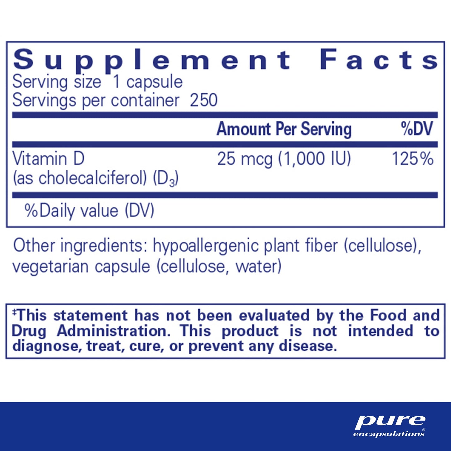 Supplement facts and ingredient information for a bottle of Pure Encapsulations Vitamin D3 25 mcg (1,000 IU)