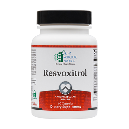 A bottle of OrthoMolecular Products Resvoxitrol dietary supplement with 60 capsules, labeled for cardiovascular health.