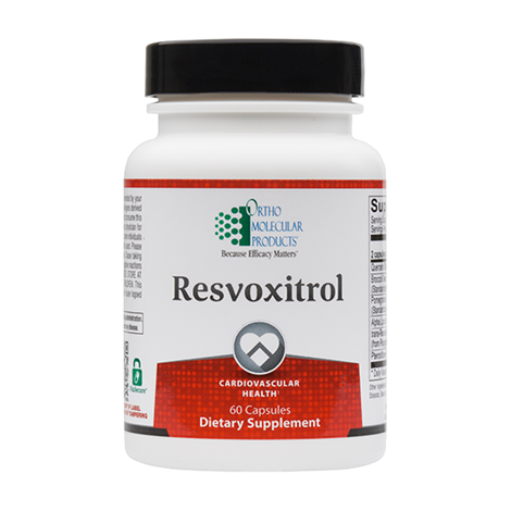 A bottle of OrthoMolecular Products Resvoxitrol dietary supplement with 60 capsules, labeled for cardiovascular health.