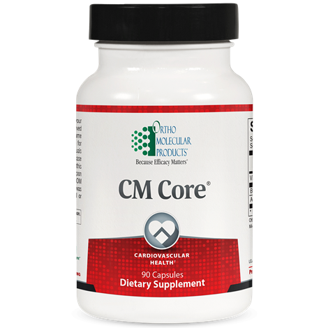 A bottle of OrthoMolecular Products CM Core dietary supplement with 90 capsules, labeled for cardiovascular health.