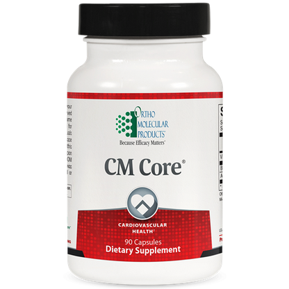 A bottle of OrthoMolecular Products CM Core dietary supplement with 90 capsules, labeled for cardiovascular health.