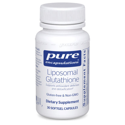 A bottle of Pure Encapsulations Liposomal Glutathione dietary supplement with 30 softgel capsules, marked as gluten-free and non-GMO.