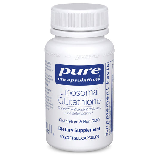 A bottle of Pure Encapsulations Liposomal Glutathione dietary supplement with 30 softgel capsules, marked as gluten-free and non-GMO.