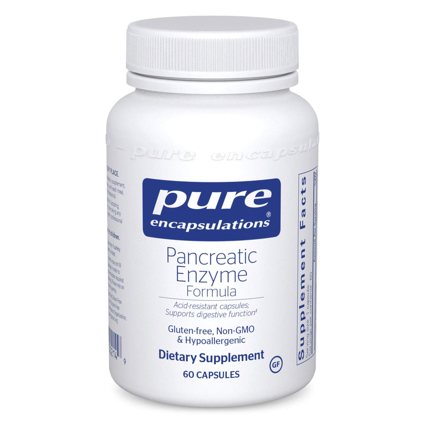 A bottle of Pure Encapsulations Pancreatic Enzyme Formula dietary supplement with 60 capsules.