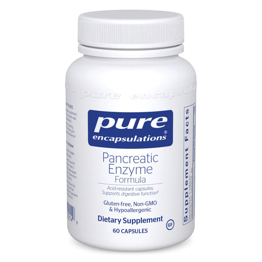 A bottle of Pure Encapsulations Pancreatic Enzyme Formula dietary supplement with 60 capsules.