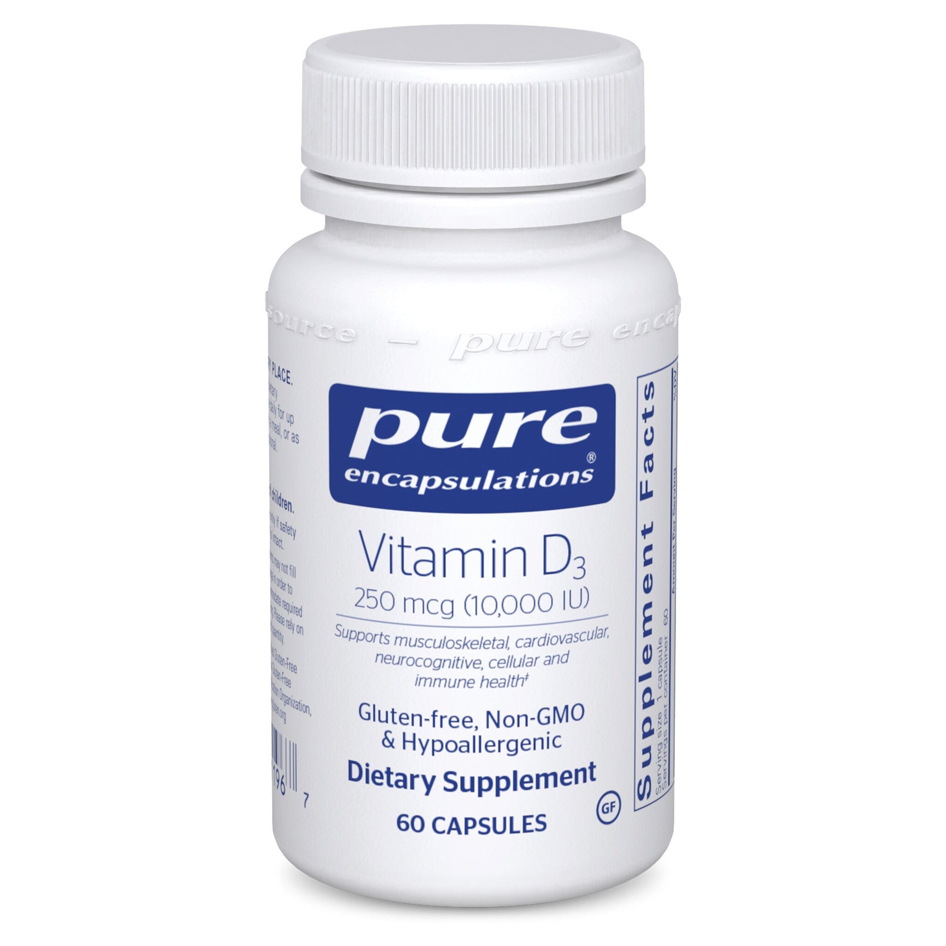 A bottle of Pure Encapsulations Vitamin D3 supplement with 60 capsules, labeled with the brand's logo and product information.