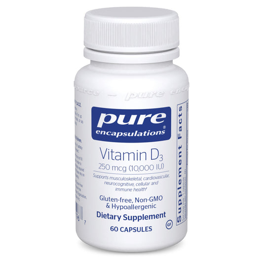 A bottle of Pure Encapsulations Vitamin D3 supplement with 60 capsules, labeled with the brand's logo and product information.