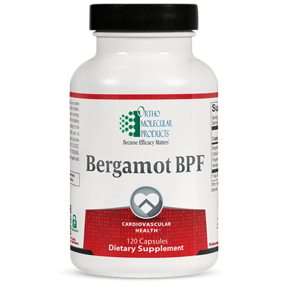 A bottle of OrthoMolecular Products Bergamot BPF dietary supplement with red and white label indicating cardiovascular health support.