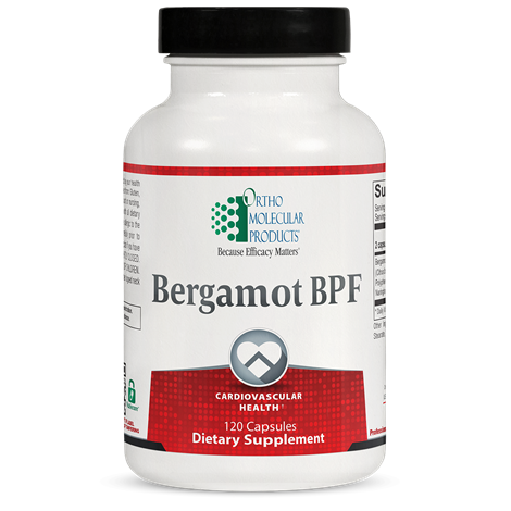 A bottle of OrthoMolecular Products Bergamot BPF dietary supplement with red and white label indicating cardiovascular health support.