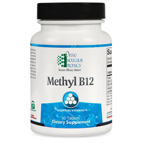 A bottle of OrthoMolecular Products Methyl B12 dietary supplement with 60 tablets.