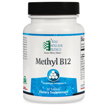 A bottle of OrthoMolecular Products Methyl B12 dietary supplement with 60 tablets.
