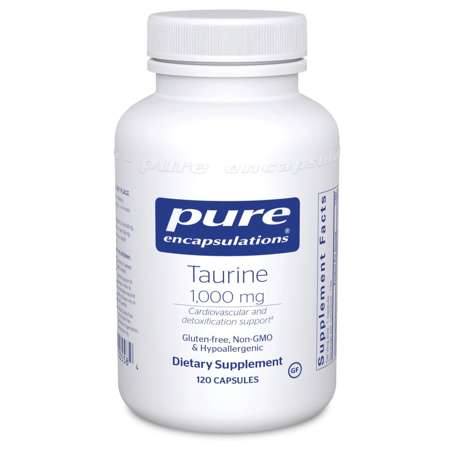 A bottle of Pure Encapsulations Taurine 1,000 mg dietary supplement containing 120 capsules.