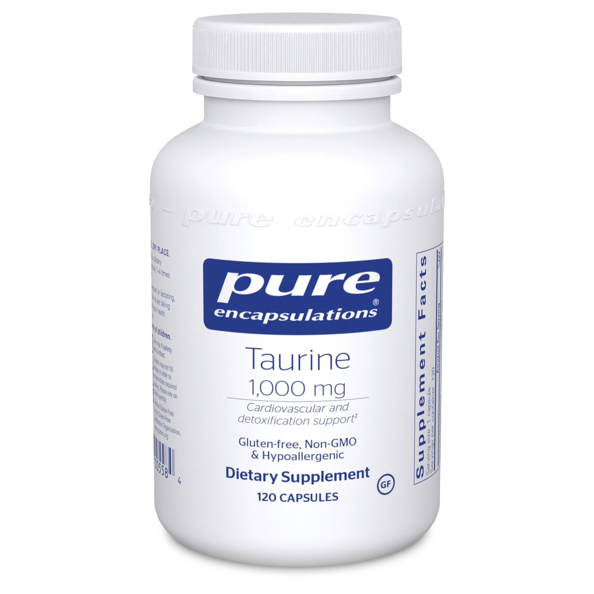 A bottle of Pure Encapsulations Taurine 1,000 mg dietary supplement containing 120 capsules.