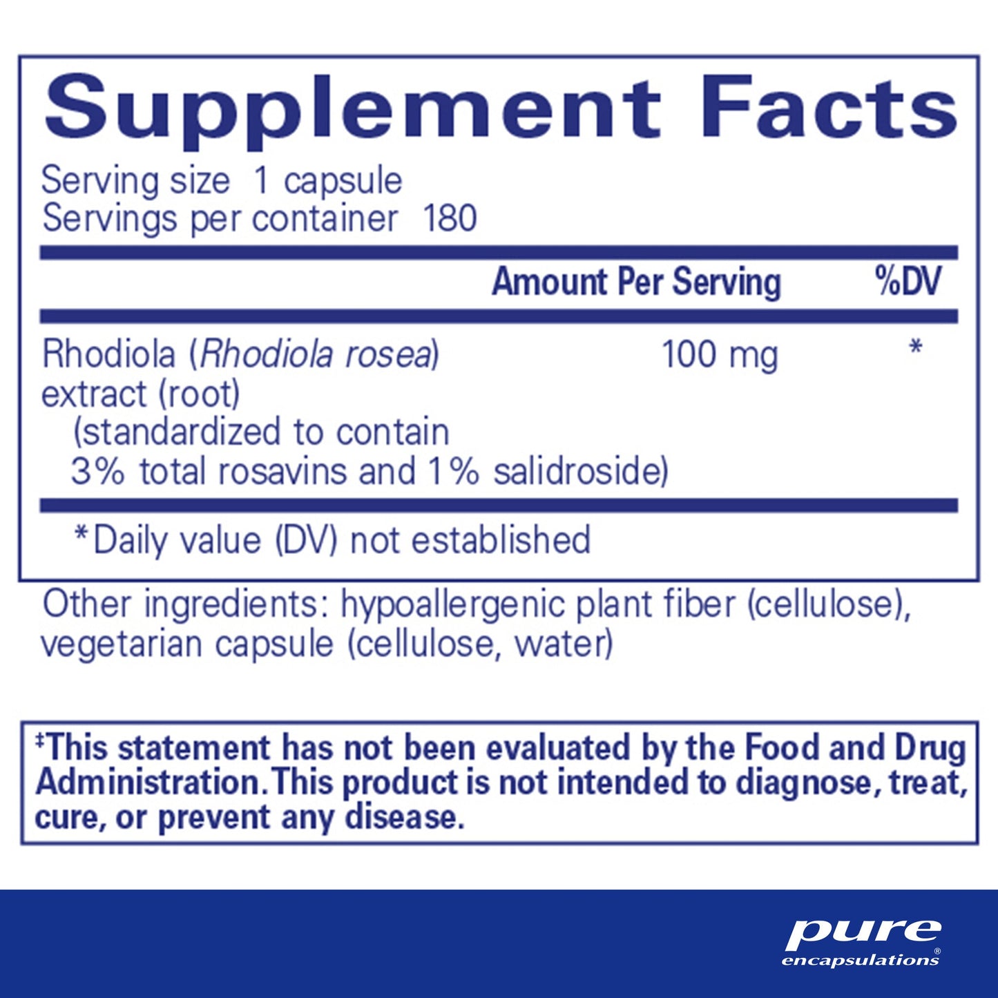 Supplement facts and ingredient information for a bottle of Pure Encapsulations Rhodiola Rosea dietary supplement