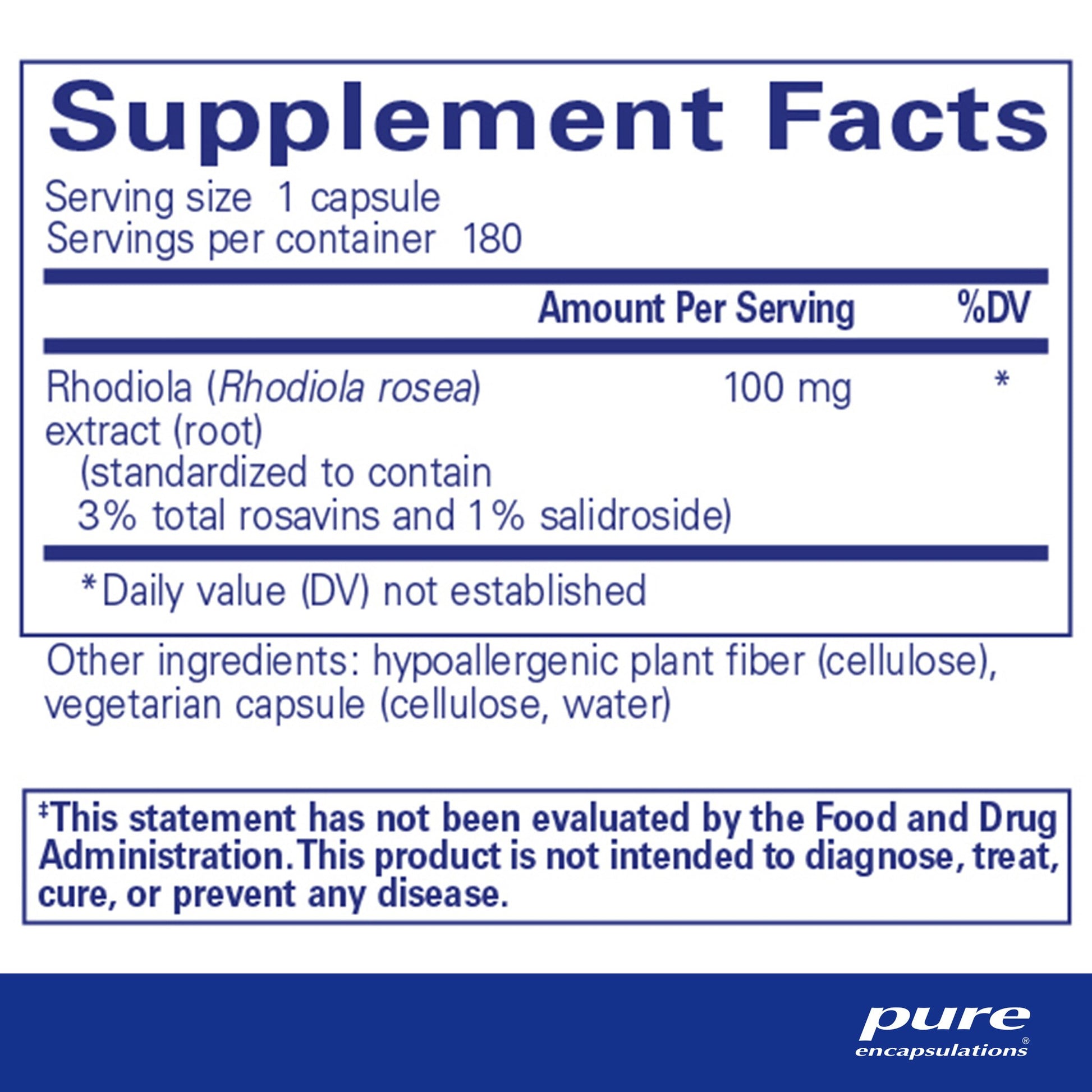 Supplement facts and ingredient information for a bottle of Pure Encapsulations Rhodiola Rosea dietary supplement