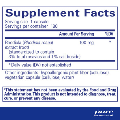 Supplement facts and ingredient information for a bottle of Pure Encapsulations Rhodiola Rosea dietary supplement