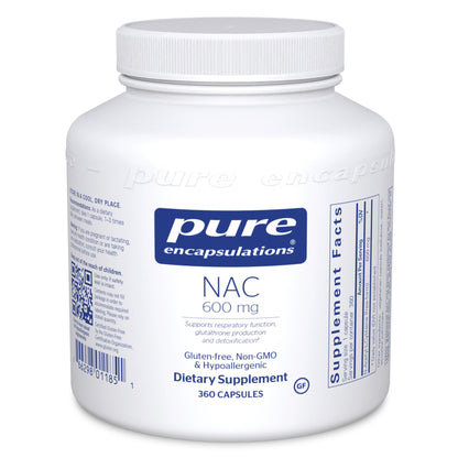 A bottle of Pure Encapsulations NAC (N-Acetyl-l-Cysteine) 600 mg dietary supplement containing 360 capsules.