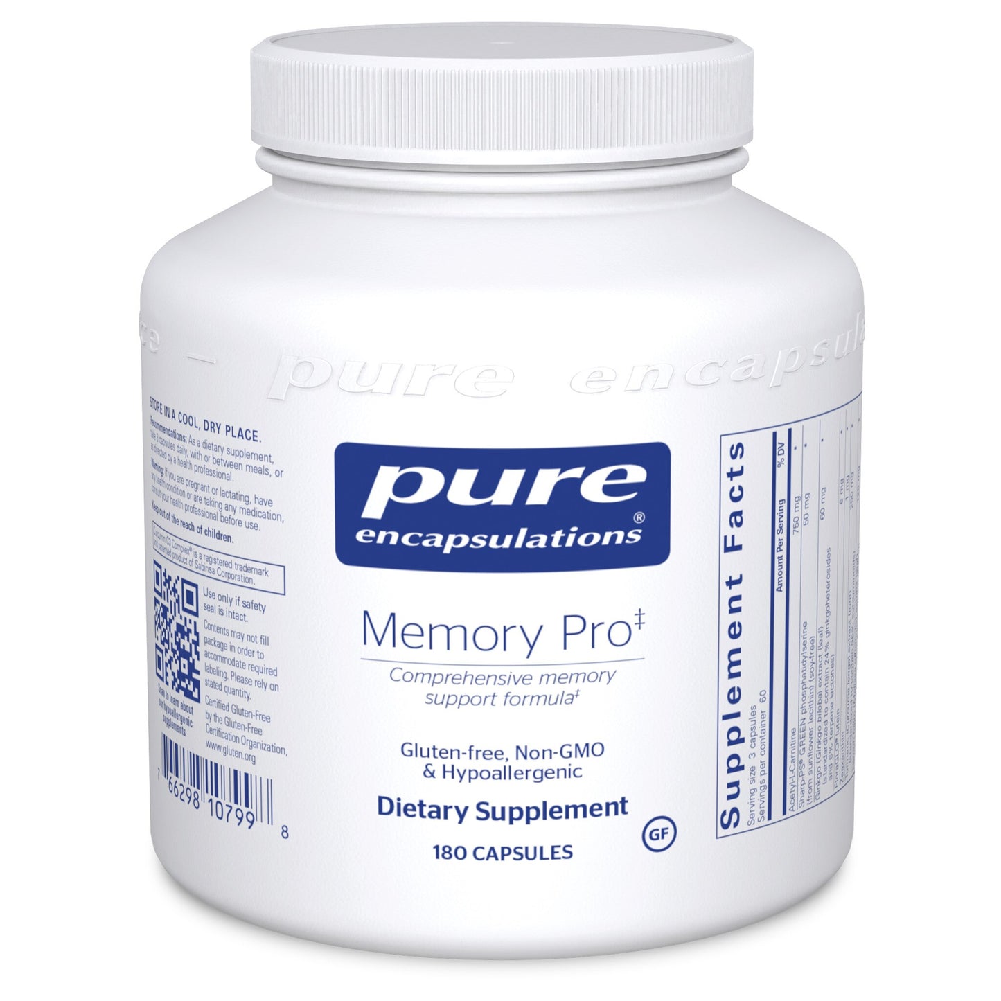 A bottle of Pure Encapsulations Memory Pro dietary supplement with 180 capsules, labeled as gluten-free, non-GMO, and hypoallergenic.