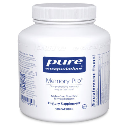A bottle of Pure Encapsulations Memory Pro dietary supplement with 180 capsules, labeled as gluten-free, non-GMO, and hypoallergenic.