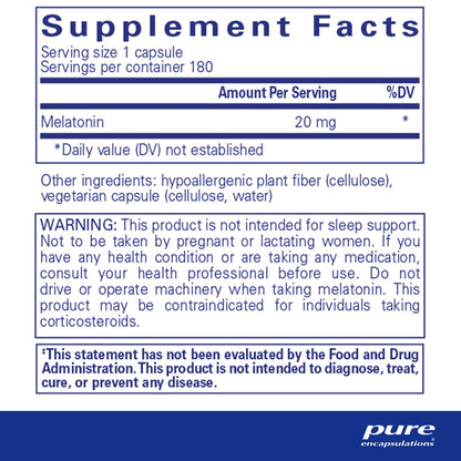 Supplement facts for a bottle of bottle of Pure Encapsulations Melatonin 20 mg dietary supplement