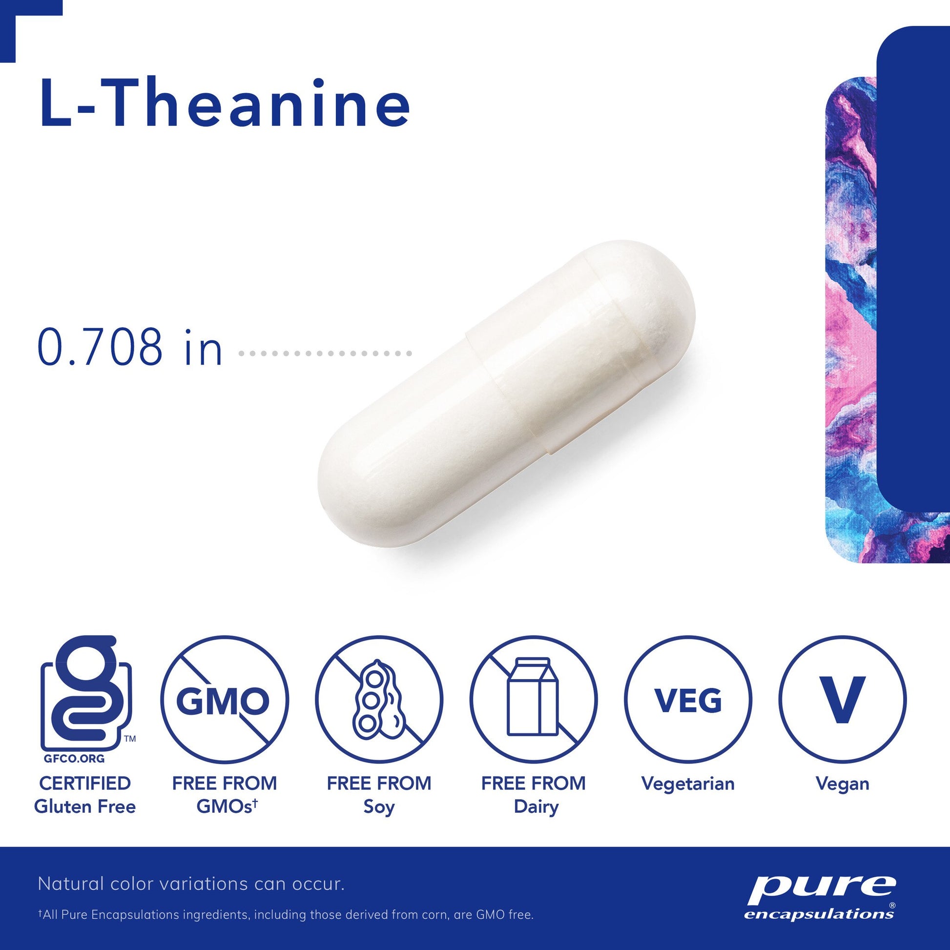 A picture of an l-theanine white capsule that measures .708 inches