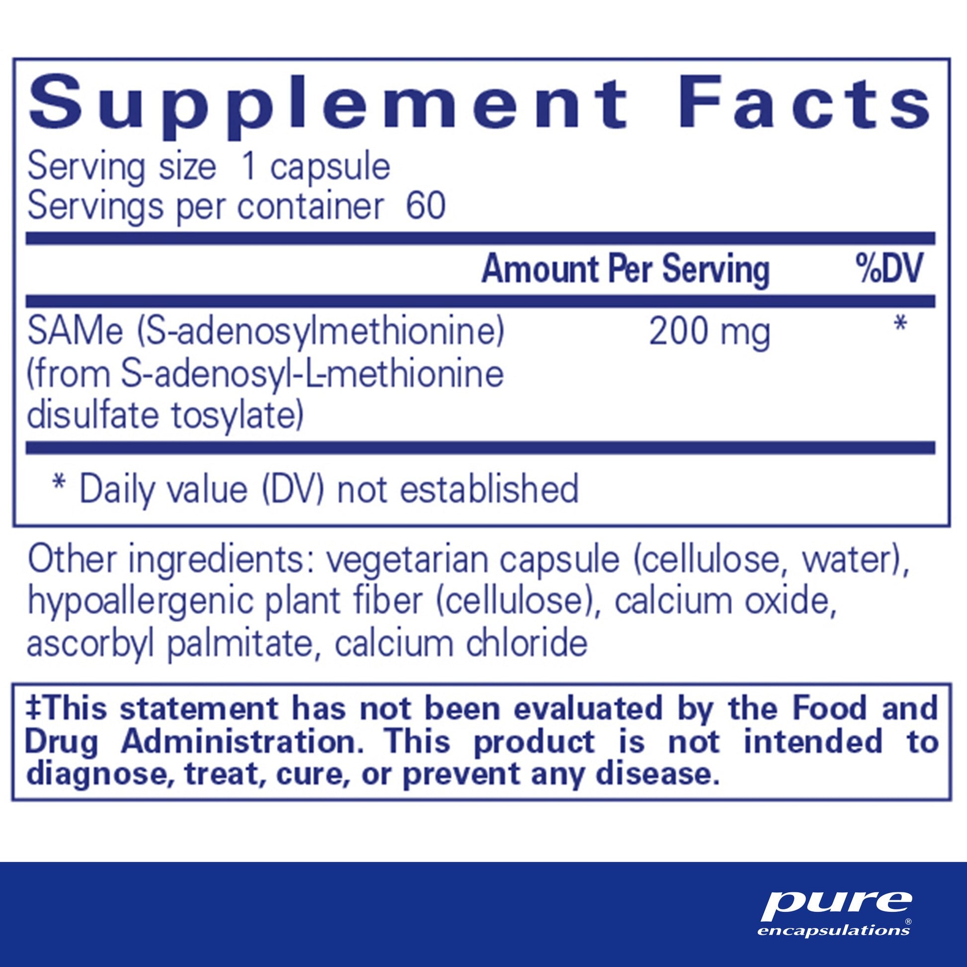 Supplement facts and ingredient information for A bottle of Pure Encapsulations SAMe (S-Adenosylmethionine) dietary supplemen