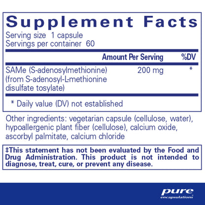 Supplement facts and ingredient information for A bottle of Pure Encapsulations SAMe (S-Adenosylmethionine) dietary supplemen
