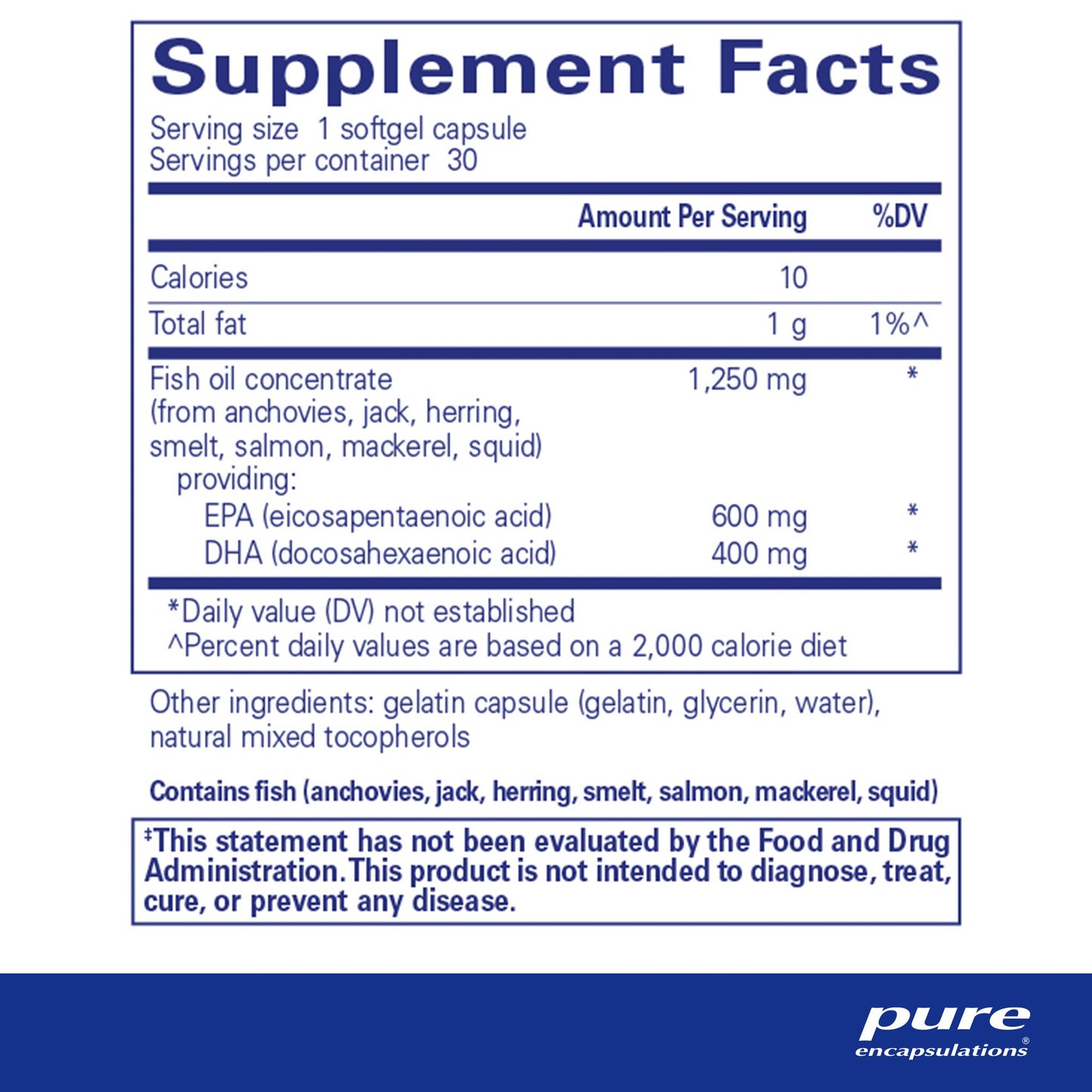 Supplement facts and ingredient information for a A bottle of Pure Encapsulations O.N.E Omega