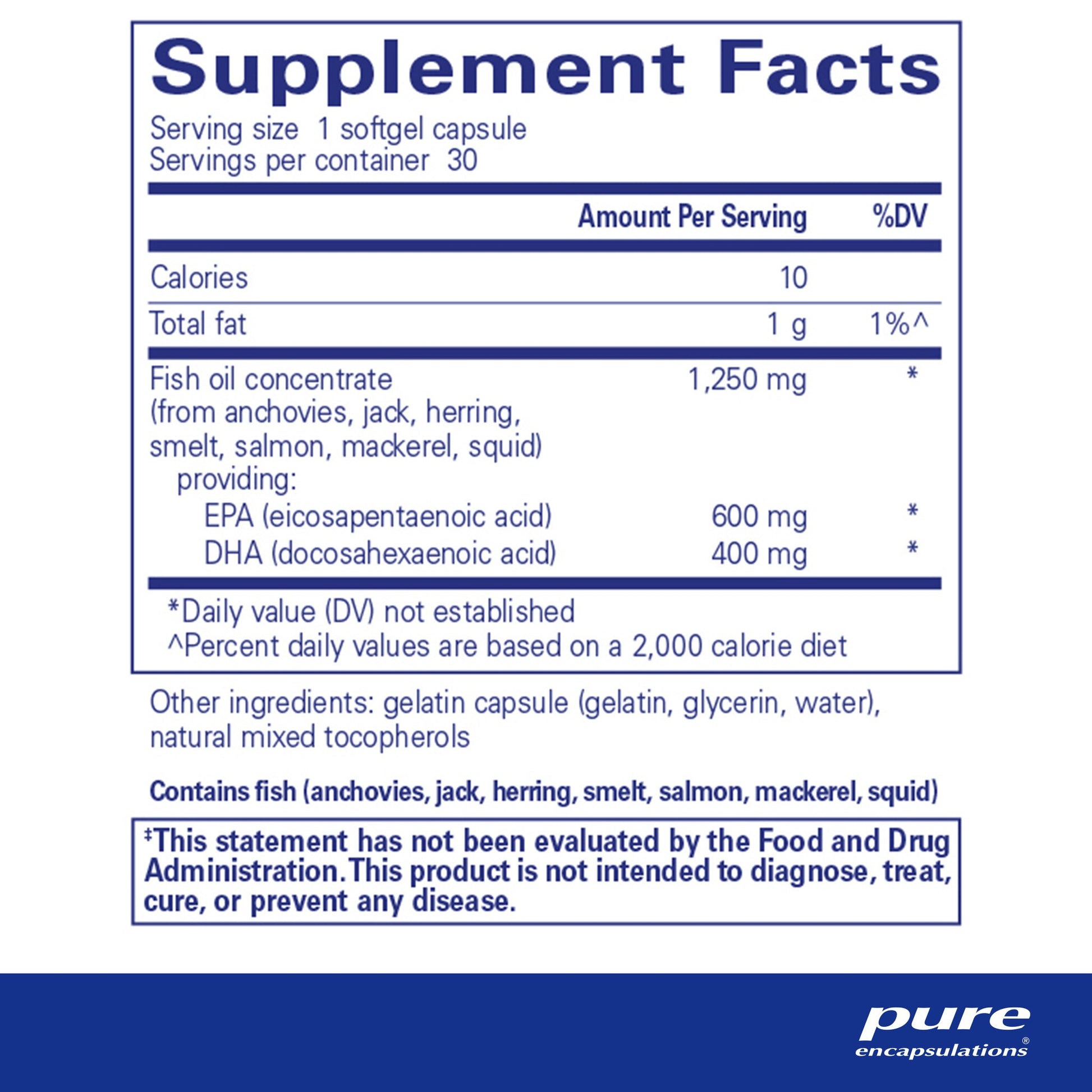 Supplement facts and ingredient information for a A bottle of Pure Encapsulations O.N.E Omega