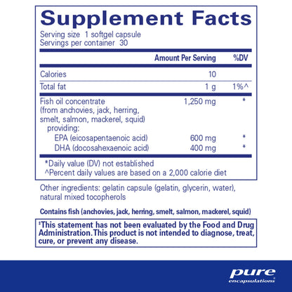 Supplement facts and ingredient information for a A bottle of Pure Encapsulations O.N.E Omega