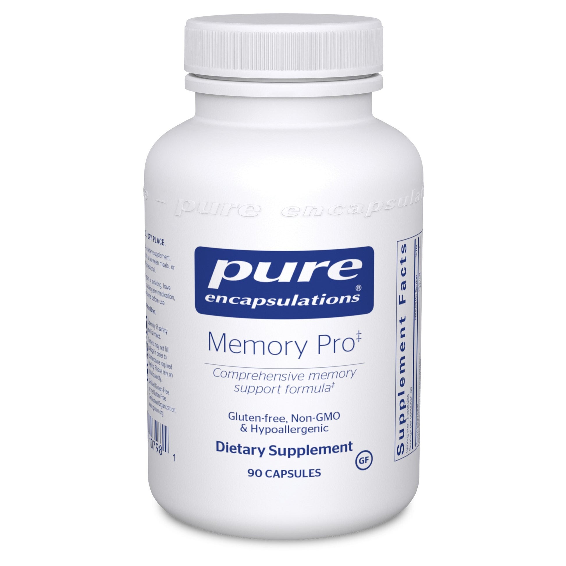 A bottle of Pure Encapsulations Memory Pro dietary supplement with 90 capsules, labeled as gluten-free, non-GMO, and hypoallergenic.