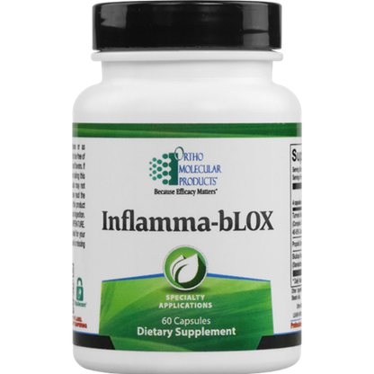 A bottle of Orthomolecular Products Inflamma-bLOX dietary supplement with 60 capsules, labeled for maintaining normal inflammatory balance and supporting immune function.
