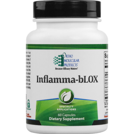 A bottle of Orthomolecular Products Inflamma-bLOX dietary supplement with 60 capsules, labeled for maintaining normal inflammatory balance and supporting immune function.
