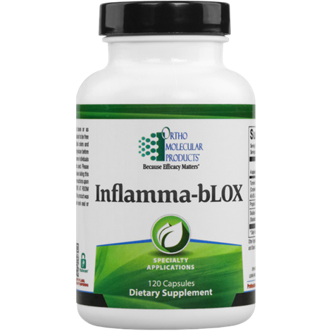 A bottle of Orthomolecular Products Inflamma-bLOX dietary supplement with 120 capsules, labeled for maintaining normal inflammatory balance and supporting immune function.