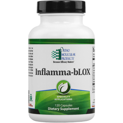 A bottle of Orthomolecular Products Inflamma-bLOX dietary supplement with 120 capsules, labeled for maintaining normal inflammatory balance and supporting immune function.