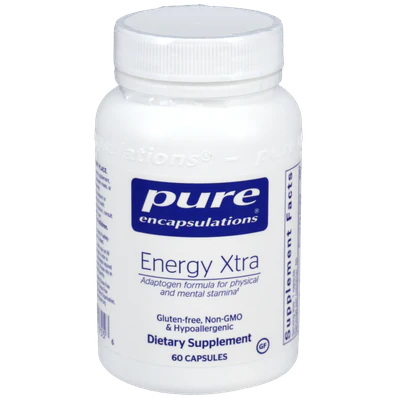 A bottle of Pure Encapsulations Energy Xtra dietary supplement with 60 capsules, labeled as gluten-free and non-GMO.