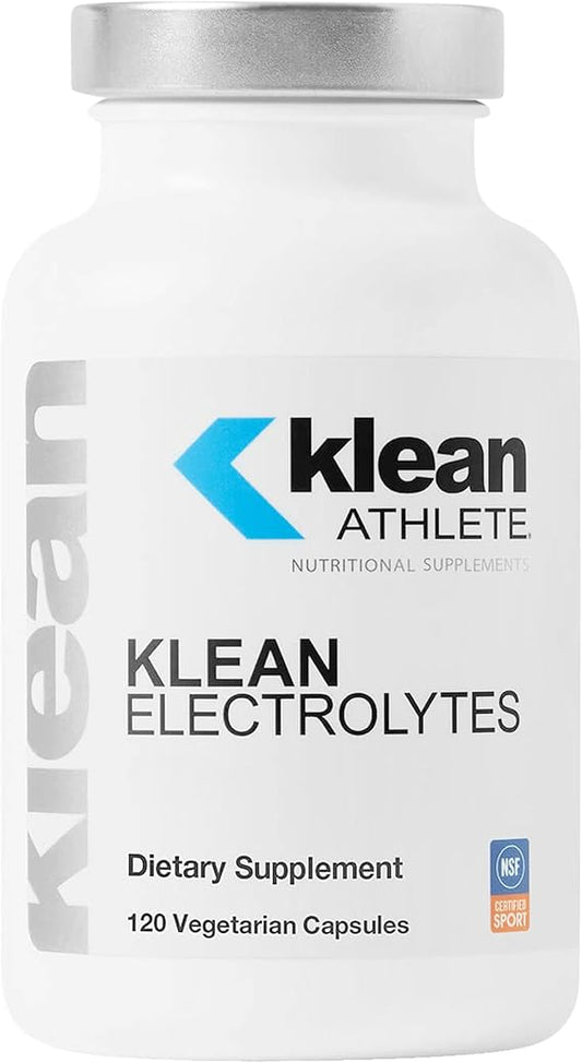 A picture of a white supplemet bottle that says Klean Electrolytes, 120 vegetarian capsules