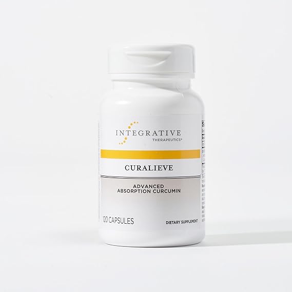 A bottle of Integrative Therapeutics Curalieve, which contains 60 capsules, with a white and yellow label.