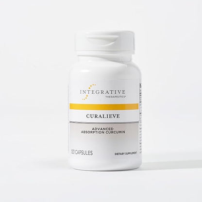 A bottle of Integrative Therapeutics Curalieve, which contains 60 capsules, with a white and yellow label.