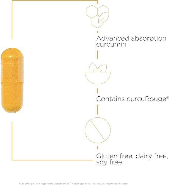 An orange capsule.  Advanced curcumin absorption, contains curcurouge. Gluten, dairy and soy free.