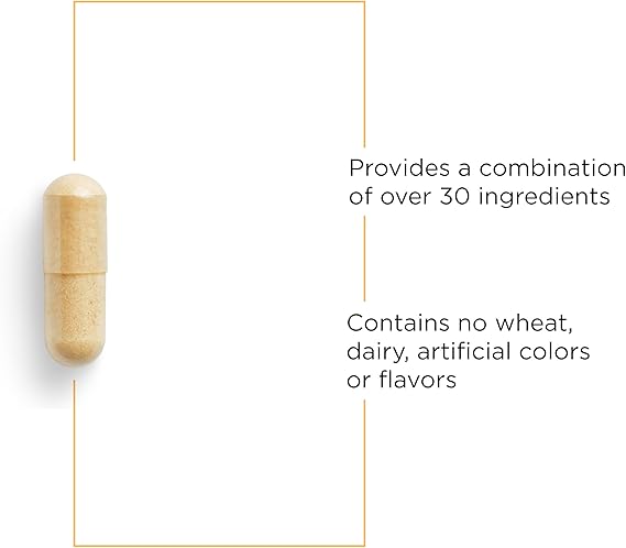 A picture of a tan capsule  No wheat, dairy, artificial flavors or colors.