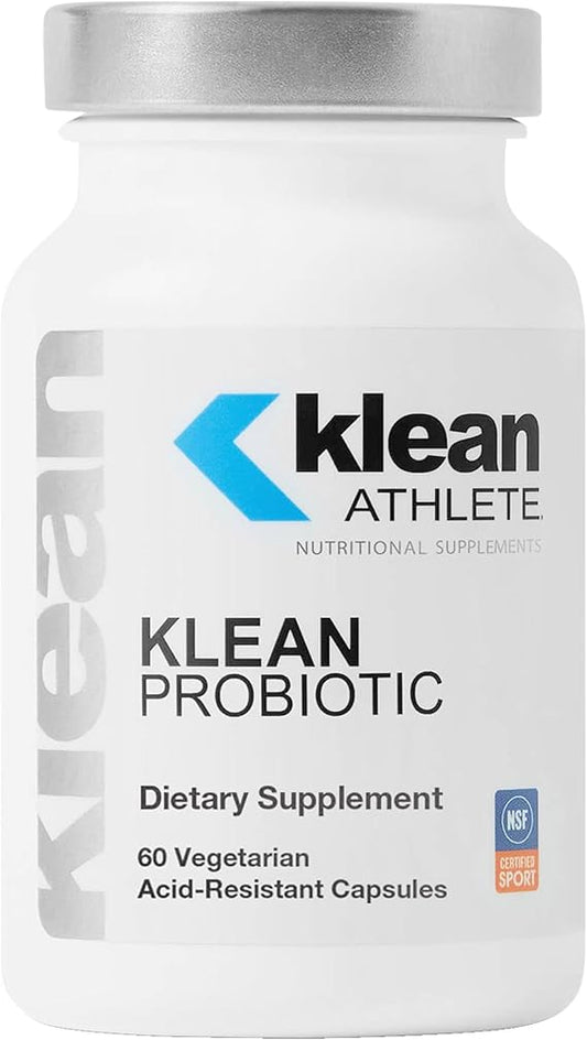 A bottle of Klean Probiotic dietary supplement with 60 vegetarian acid-resistant capsules, labeled as a product for athletes.