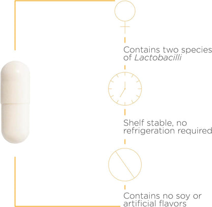 A picture of a white capsule that is shelf stable and no refrigeration is required.  It contains no soy or artificial flavors.