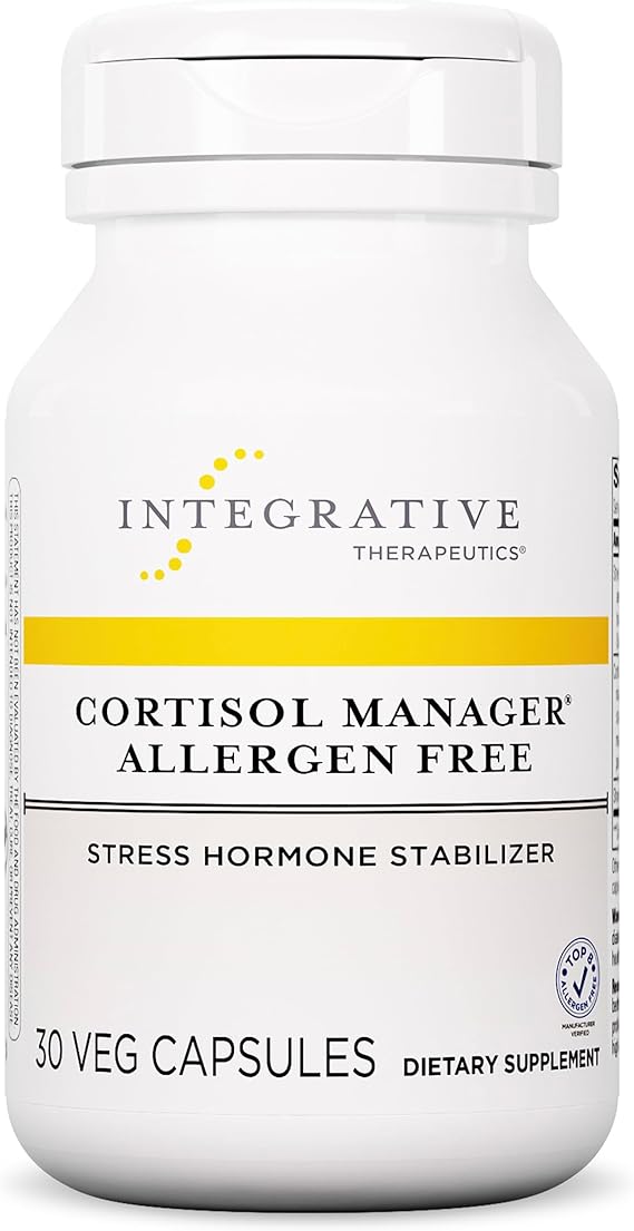 A bottle of Integrative Therapeutics Cortisol Manager Allergen-Free dietary supplement with 90 capsules.