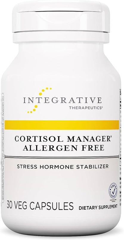 A bottle of Integrative Therapeutics Cortisol Manager Allergen-Free dietary supplement with 90 capsules.