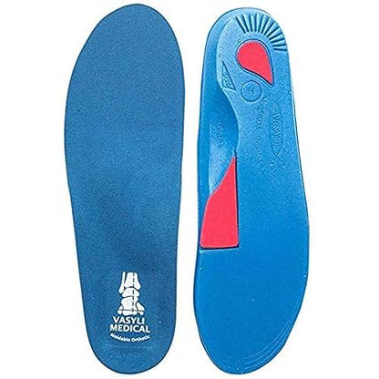 Blue shoe insoles with a red section on a white background, branded 'Vasyli Medical'.