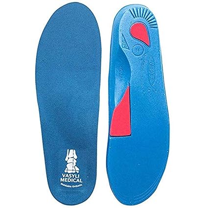 Blue shoe insoles with a red section on a white background, branded 'Vasyli Medical'.