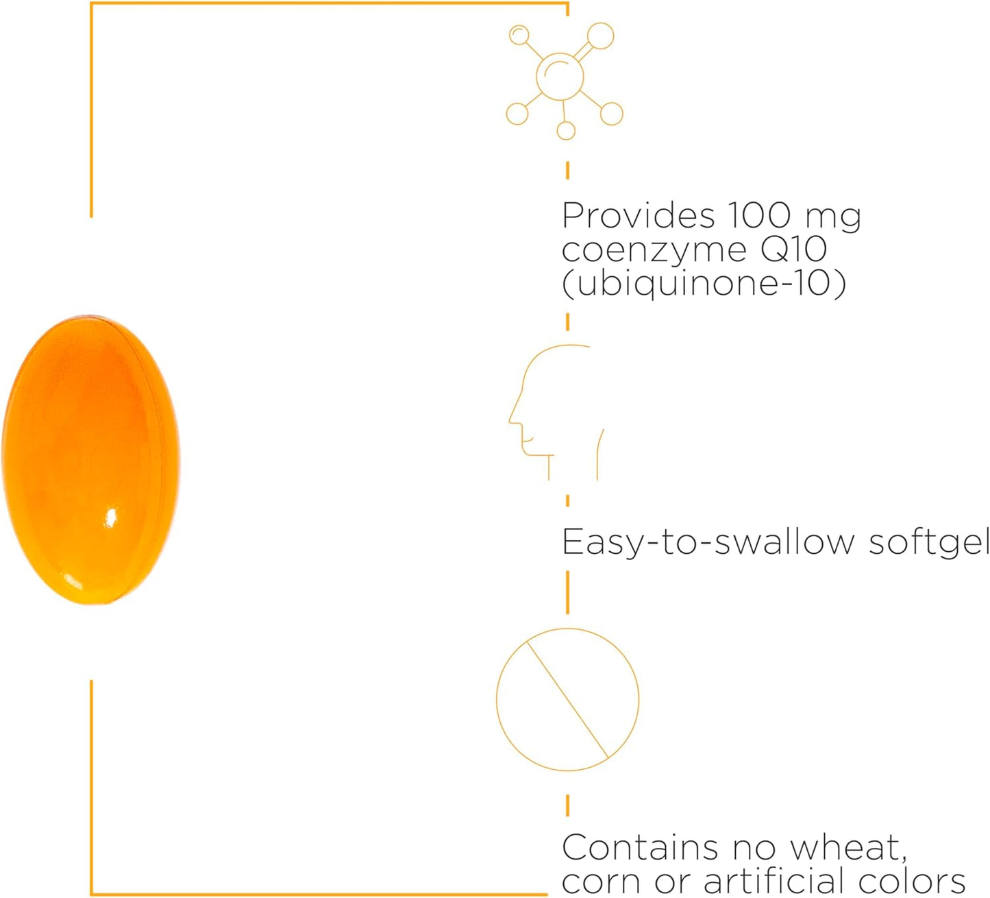 A picture of an orange softgel.  It is easy to swallow, and contains no wheat, corn or artificial colors
