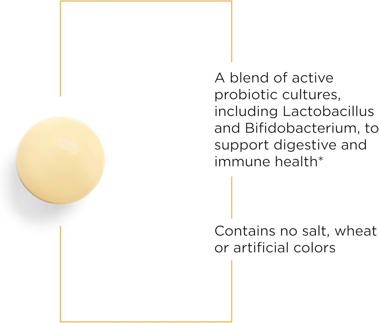 A picture of a light yellow tablet that contains no wheat, salt, or artificial colors.