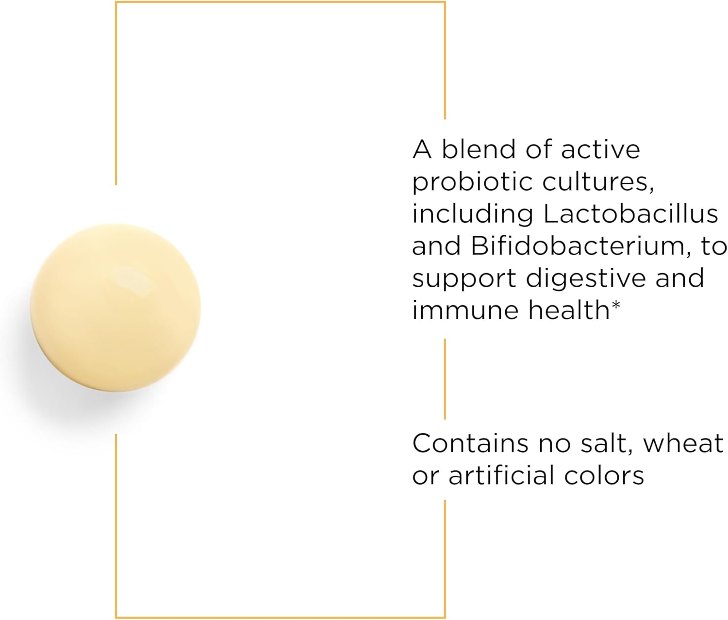 A picture of a light yellow tablet that contains no wheat, salt, or artificial colors.